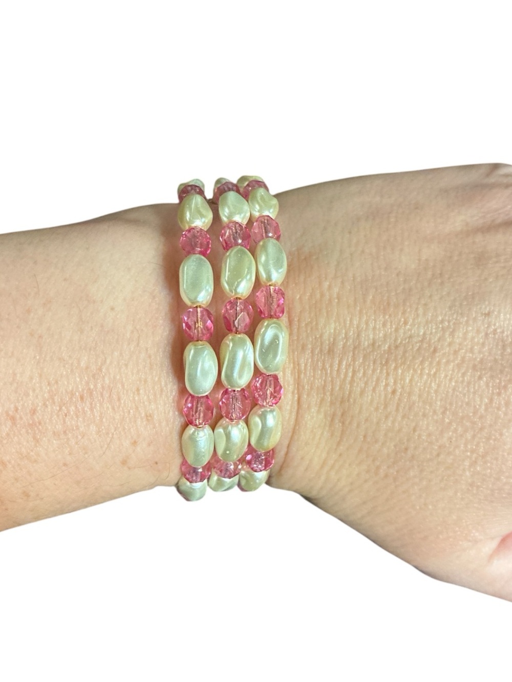 Pink and Pearl Beaded Wire Bracelet